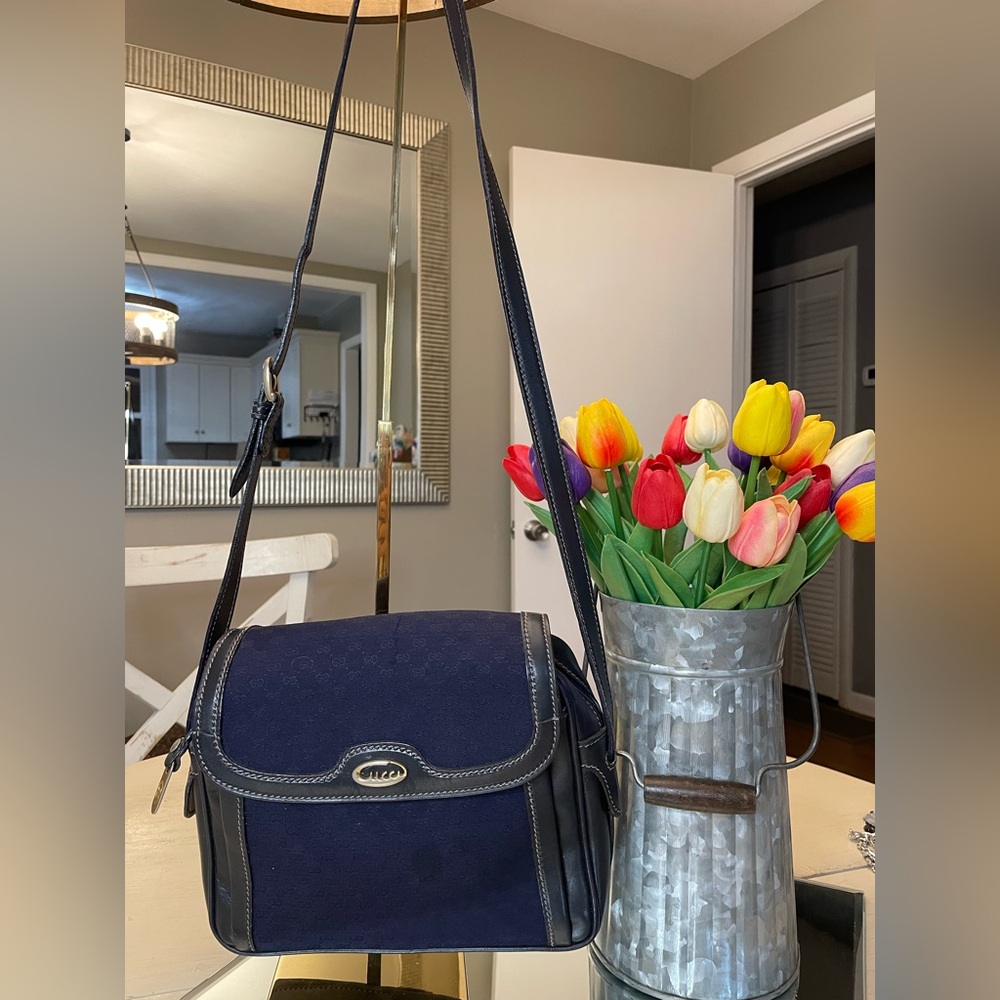 Vintage 1970’s Gucci Navy Canvas and Leather Shoulder Bag